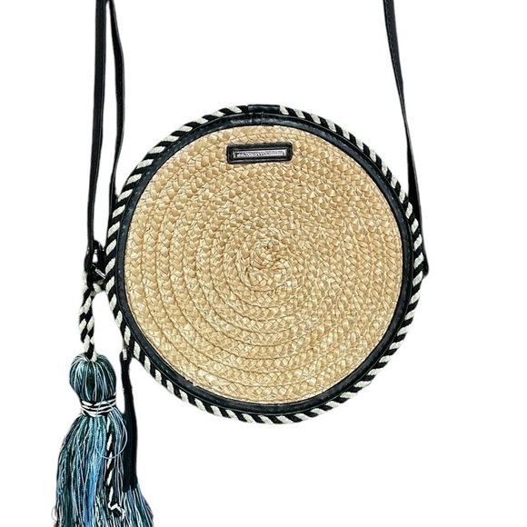 Rebecca Minkoff Purse Crossbody Bag Straw Circle Blue Tassel - Picture 4 of 10